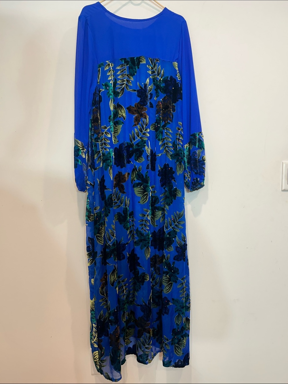 Vintage Royal Blue velvet Floral Long Sleeve Maxi Dress women’s large semi sheer